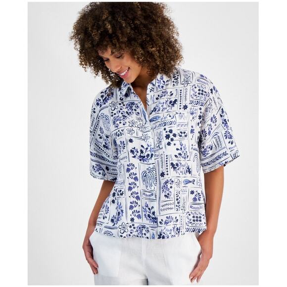Charter Club Women's Printed 100% Linen Crochet-Trim Blue Button Up Shirt Size S - Picture 1 of 8